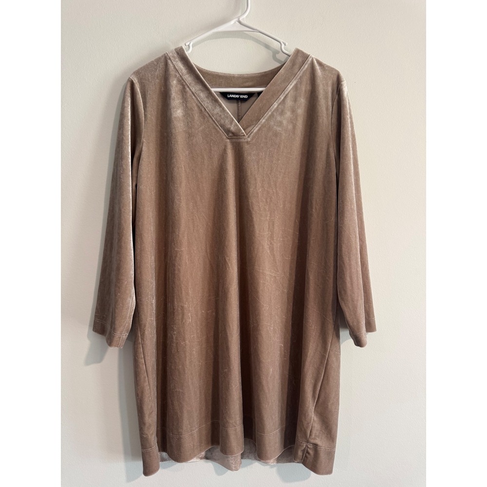Lands' End Velvet V-Neck Tunic Top Womens‎ L 14-16 Taupe Tan 3/4 Sleeve